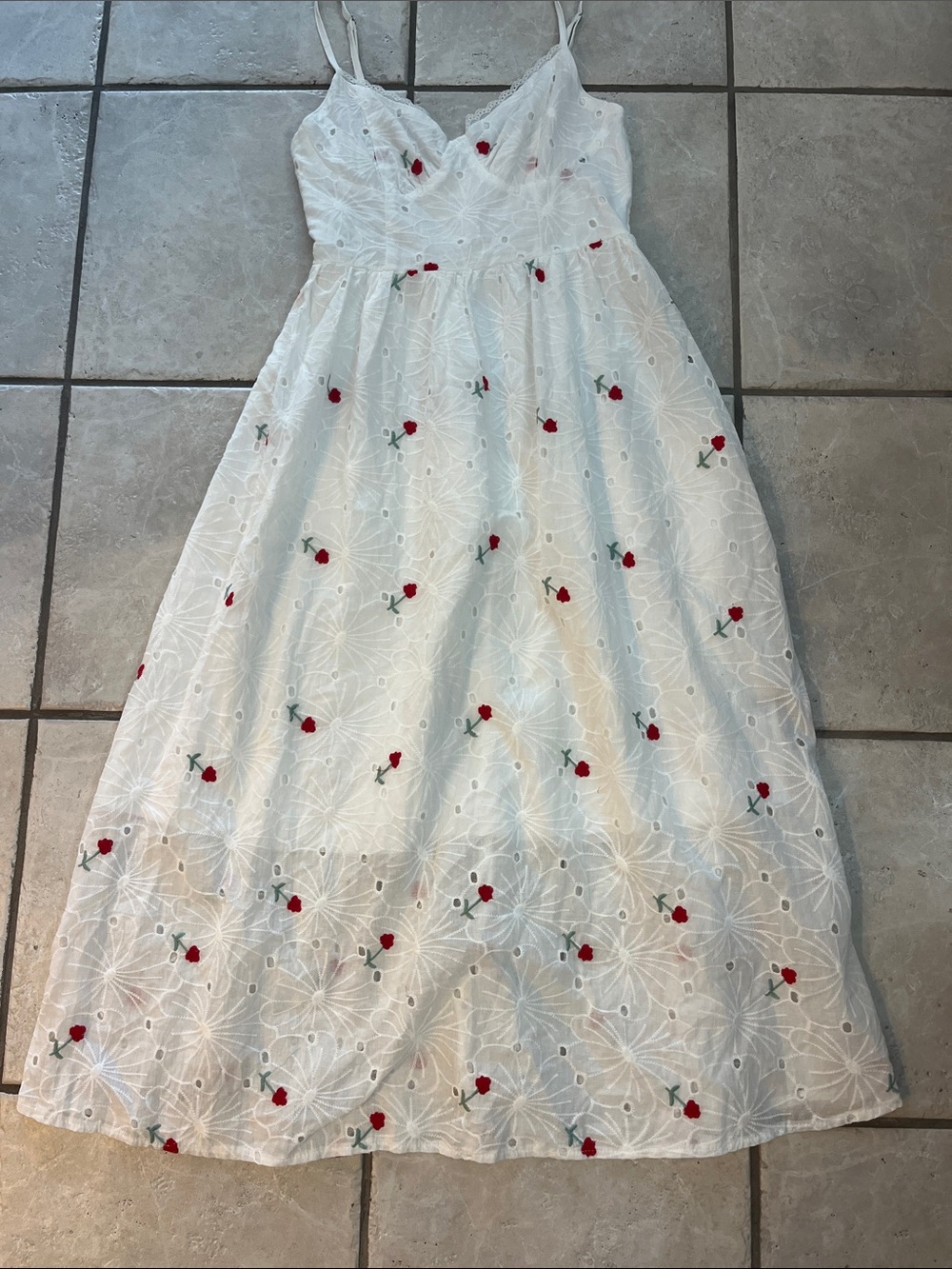 SHEIN White Eyelet Midi Dress with Red Rose Embroidery